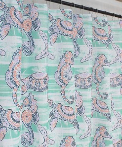 Aqua Green Sea Life Fabric Shower Curtain With Sea Horse, Sea Turtle, And Starfish Designs