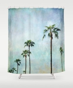 Aqua Home Decor Shower Curtain with Palm Trees and Landscape Design