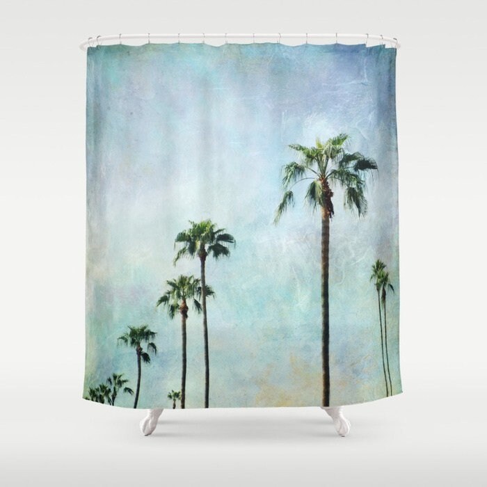 Aqua Home Decor Shower Curtain with Palm Trees and Landscape Design