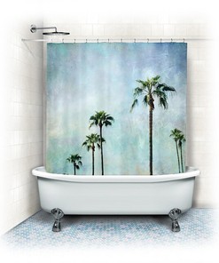 Aqua Home Decor Shower Curtain with Palm Trees and Landscape Design