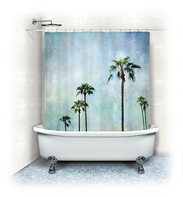 Aqua Home Decor Shower Curtain with Palm Trees and Landscape Design
