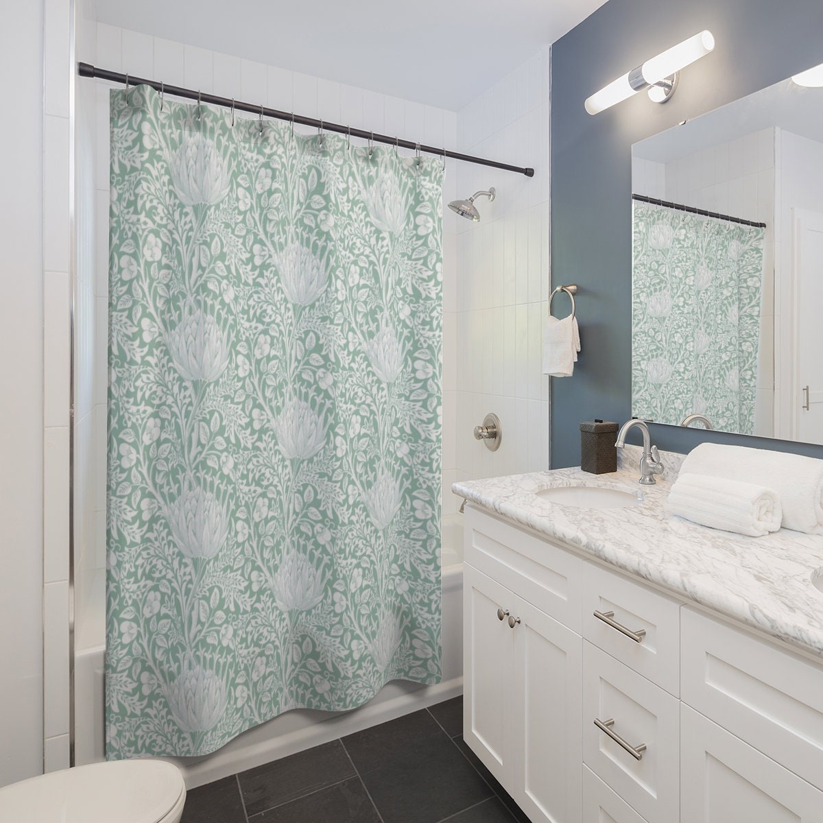 Aqua Mint Floral William Morris Shower Curtain - Fresh Modern Bathroom Decor