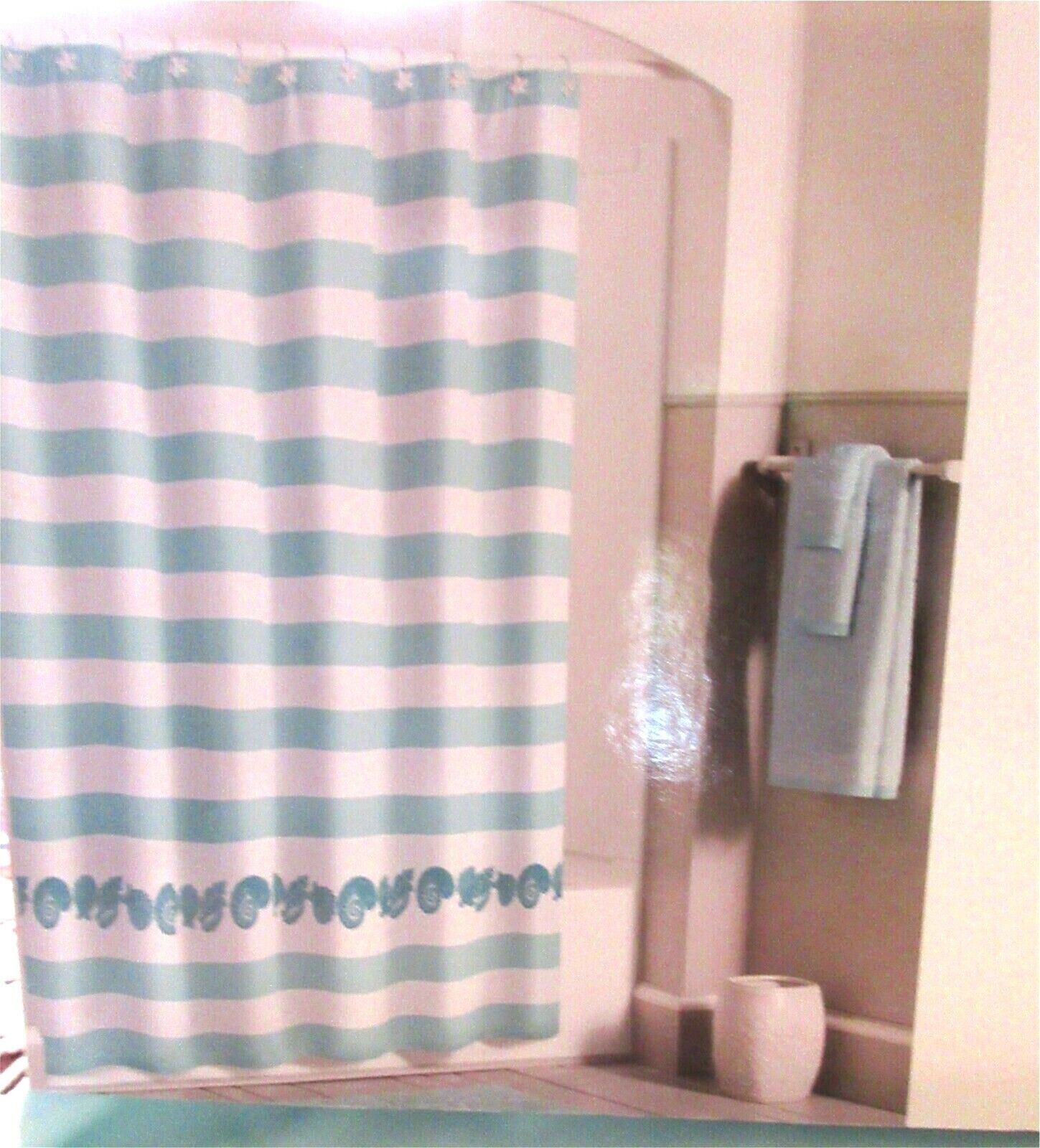Aqua Stripe Seashells Beach Shower Curtain, Coastal Bathroom Decor With Barnegat Cabana Design