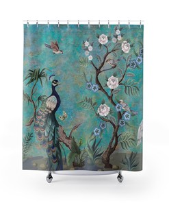Aqua Turquoise Peacock Chinoiserie Garden Shower Curtain With Contemporary Asian Art And Artistic Boho Bathroom Decor
