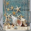 Aqua Wood Fabric Shower Curtain Featuring Starfish Seashells Net Design 
