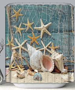 Aqua Wood Fabric Shower Curtain Featuring Starfish Seashells Net Design 