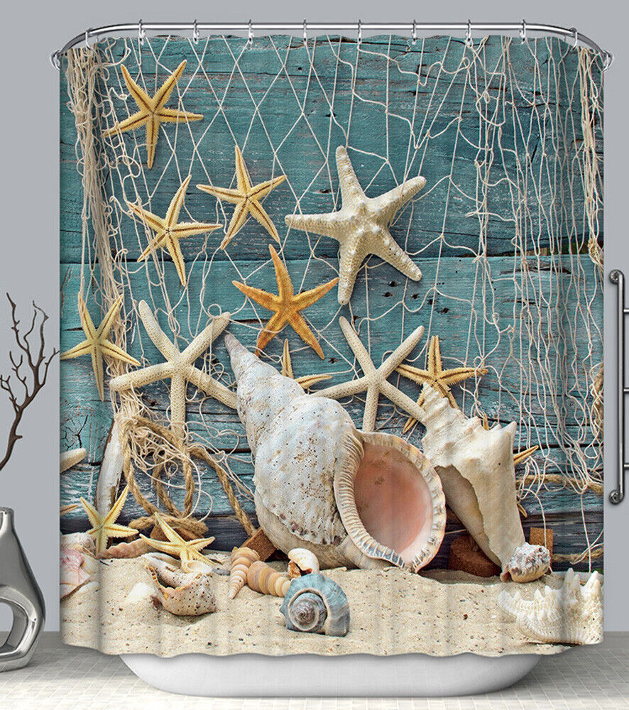 Aqua Wood Fabric Shower Curtain Featuring Starfish Seashells Net Design