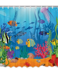 Aquarium Theme Shower Curtain Waterproof Fabric for Ocean Lovers' Bathroom