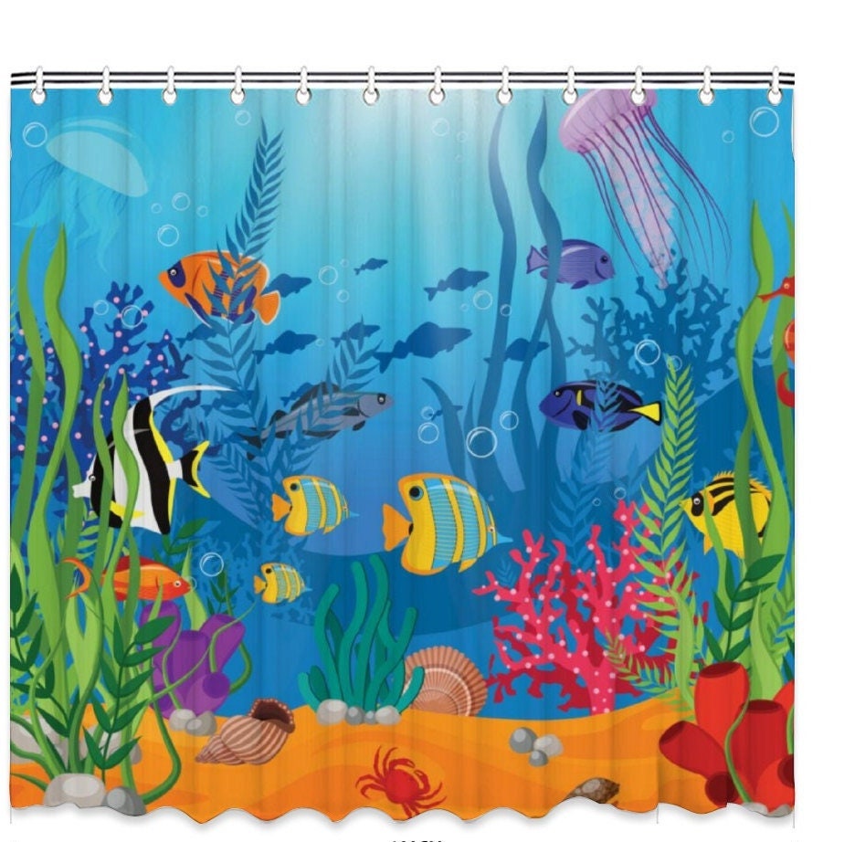 Aquarium Theme Shower Curtain Waterproof Fabric for Ocean Lovers' Bathroom
