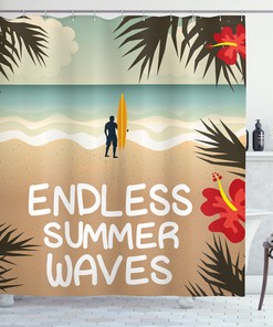 Aquatic Art Decor Shower Curtain - Coastal Ocean Tropical Beach Surfing Palm Trees