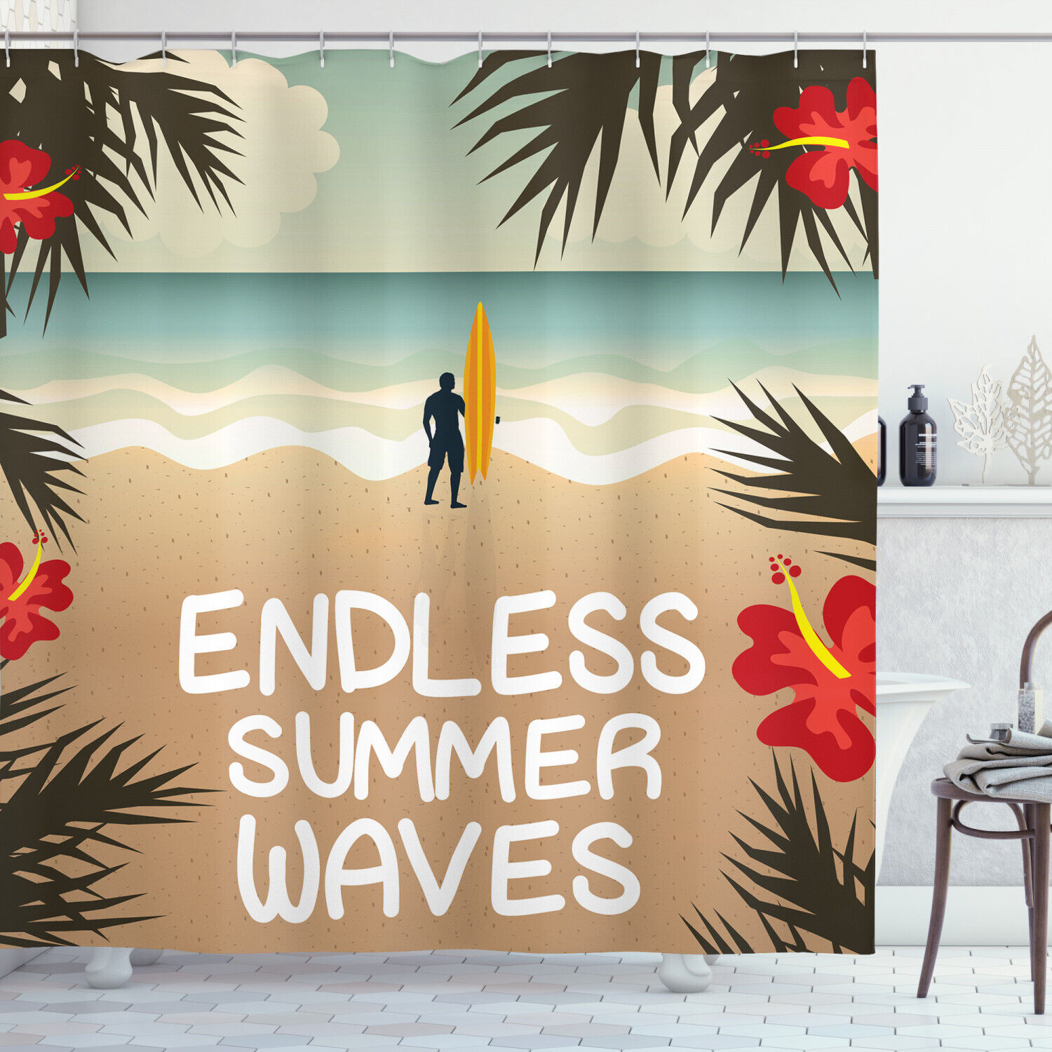 Aquatic Art Decor Shower Curtain - Coastal Ocean Tropical Beach Surfing Palm Trees