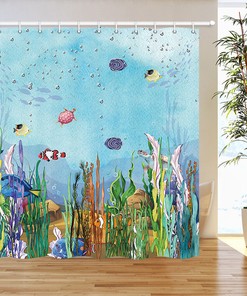 Aquatic Coral and Tropical Fish Bath Shower Curtain with 12 Hooks for Ocean Theme Bathroom