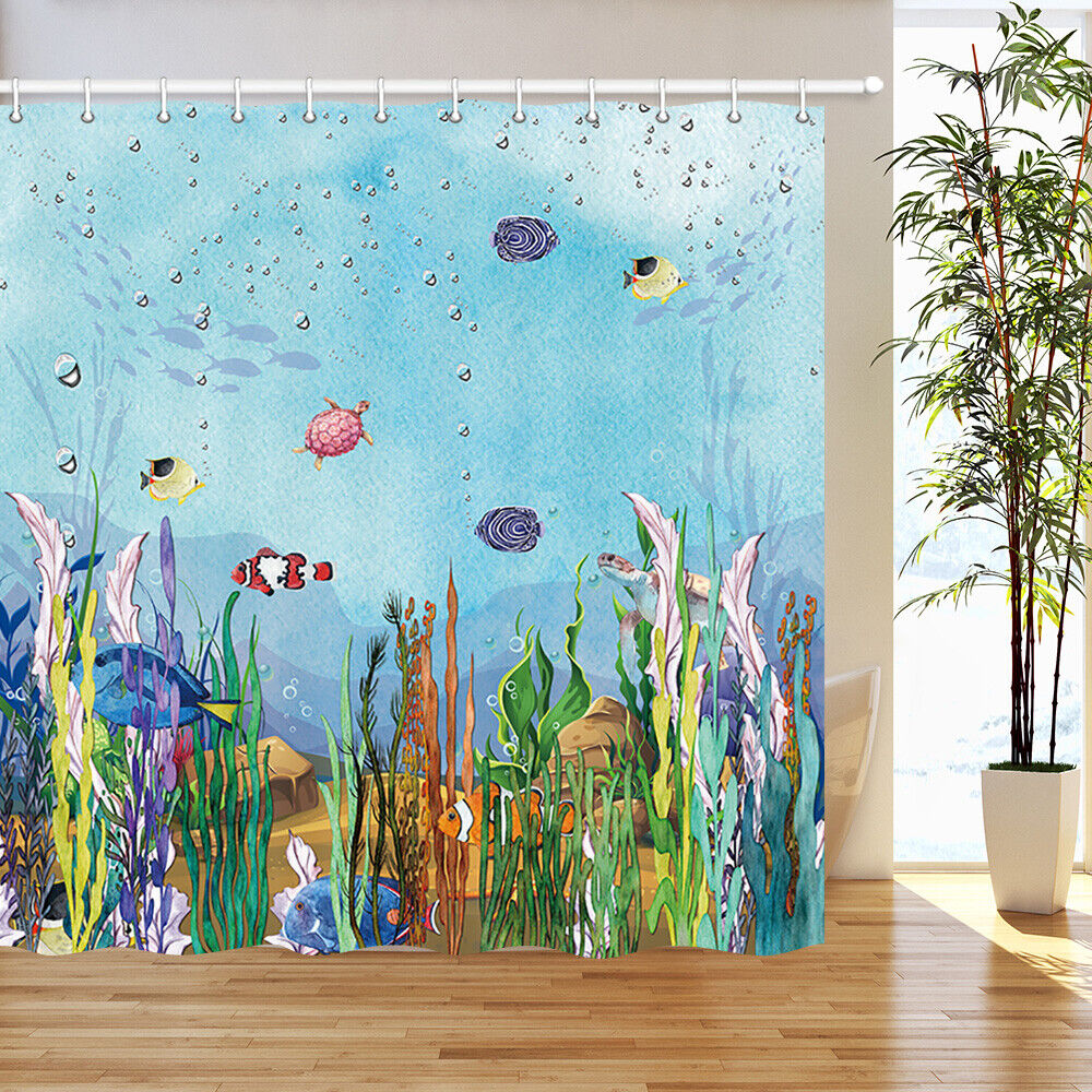Aquatic Coral and Tropical Fish Bath Shower Curtain with 12 Hooks for Ocean Theme Bathroom
