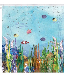 Aquatic Coral and Tropical Fish Bath Shower Curtain with 12 Hooks for Ocean Theme Bathroom
