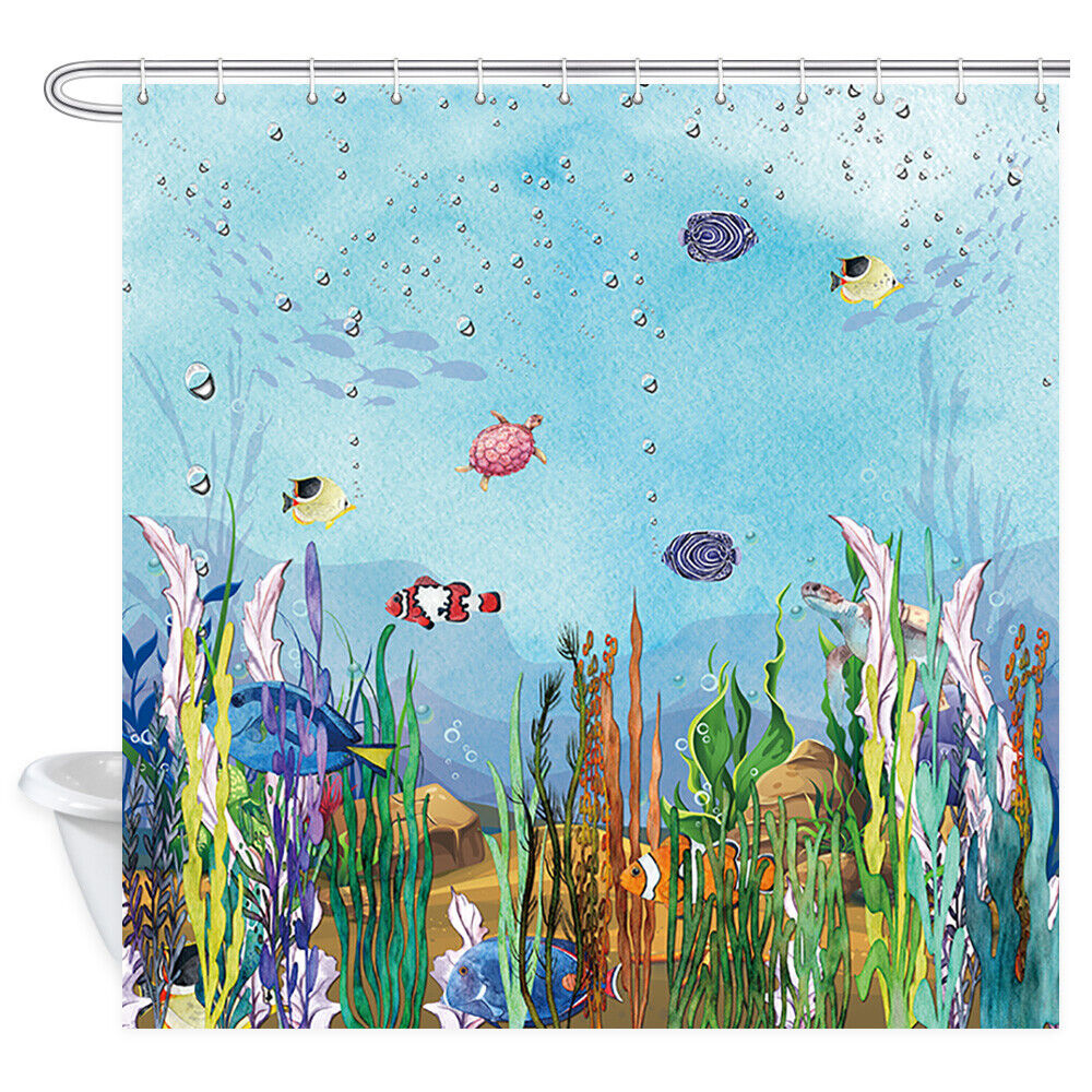 Aquatic Coral and Tropical Fish Bath Shower Curtain with 12 Hooks for Ocean Theme Bathroom