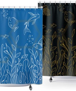 Aquatic Life Theme Koi Fish Shower Curtain for Ocean Lovers, Black and Blue Colors