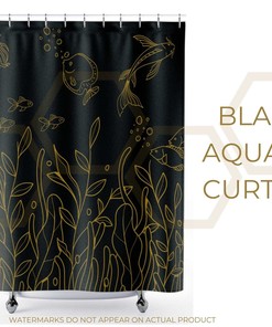 Aquatic Life Theme Koi Fish Shower Curtain for Ocean Lovers, Black and Blue Colors