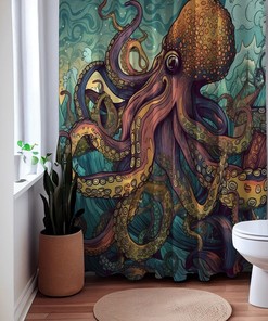 Aquatic Splendor Octopus Sea Creature Shower Curtain, Underwater Bathroom Decor