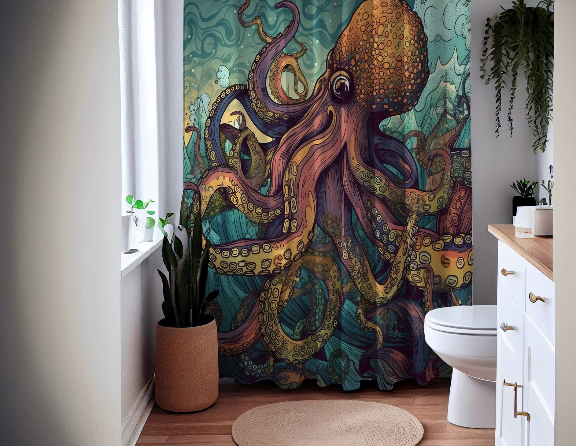 Aquatic Splendor Octopus Sea Creature Shower Curtain, Underwater Bathroom Decor