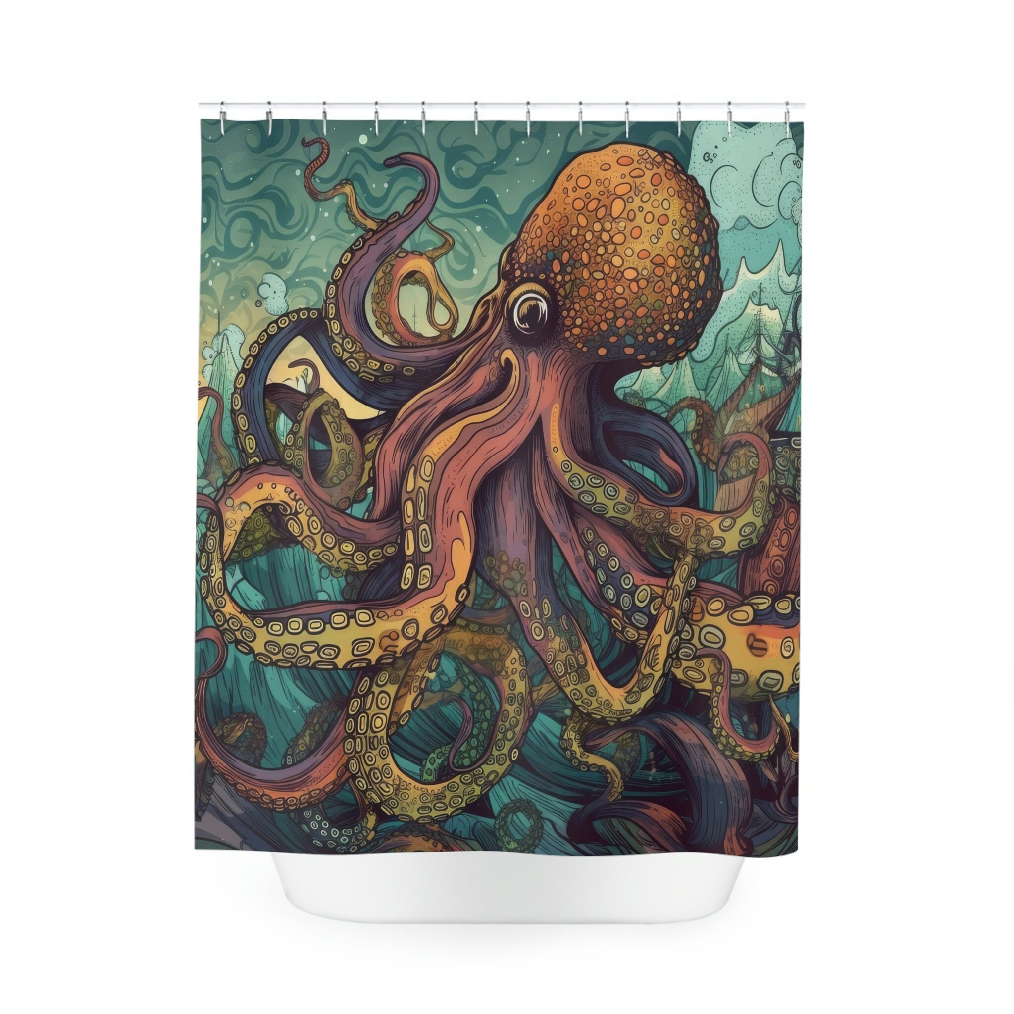 Aquatic Splendor Octopus Sea Creature Shower Curtain, Underwater Bathroom Decor