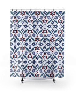 Arabesque Blue Green Red White Shower Curtain with Ethnic Boho Pattern 