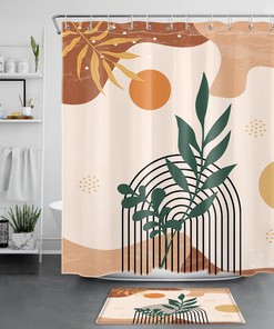 Arched Green Leaf Mid Century Shower Curtain With Abstract Sun Design For Bathroom Decor