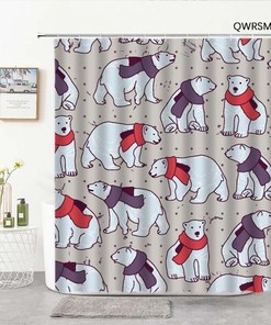 Arctic Winter Animal Shower Curtain with Polar Bear Wearing Scarf
