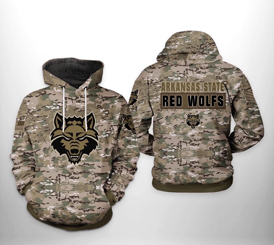 Arkansas State Red Wolves 3D Camo Veteran All Over Print Hoodie - Zip-Up Style