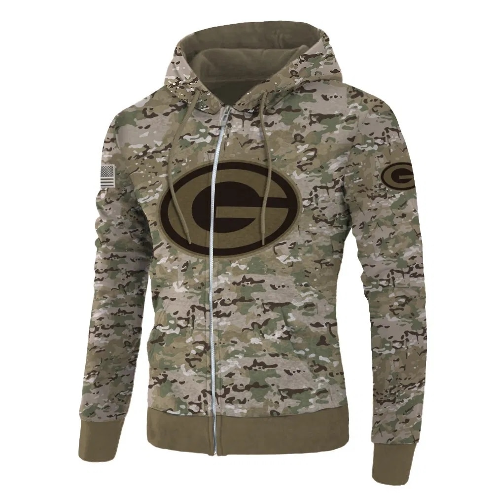 Army Graphic Green Bay Packers Hoodie With All Over Print And Zip Pullover