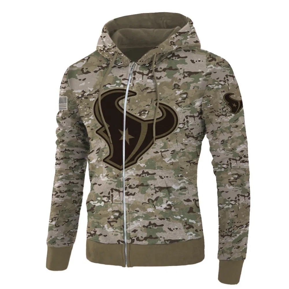 Army Graphic Houston Texans Hoodie With All Over Print And Zip Pullover, Ideal For Fans