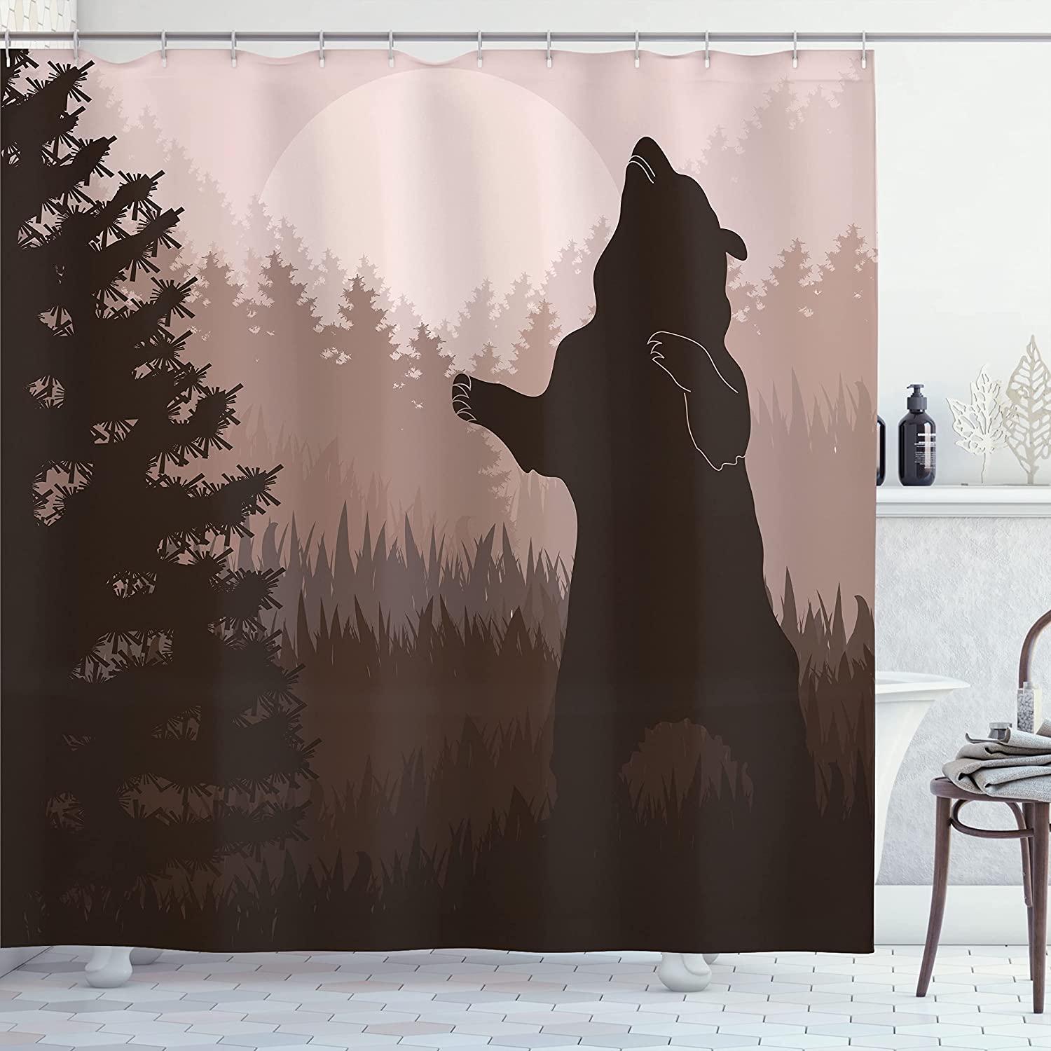 Army Green Pale Peach Jungle Woodland At Dark Night Illustration Nature Shower Curtain
