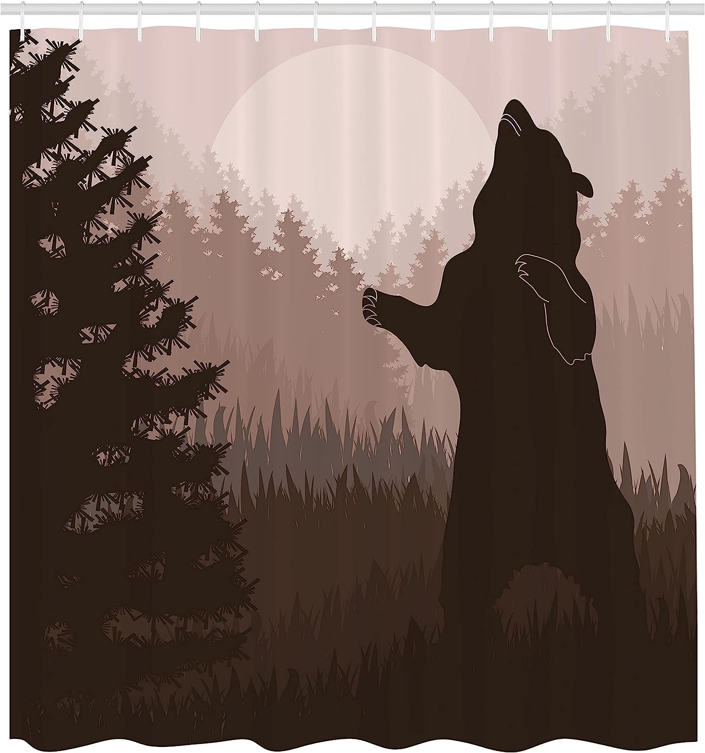 Army Green Pale Peach Jungle Woodland At Dark Night Illustration Nature Shower Curtain - Image 2
