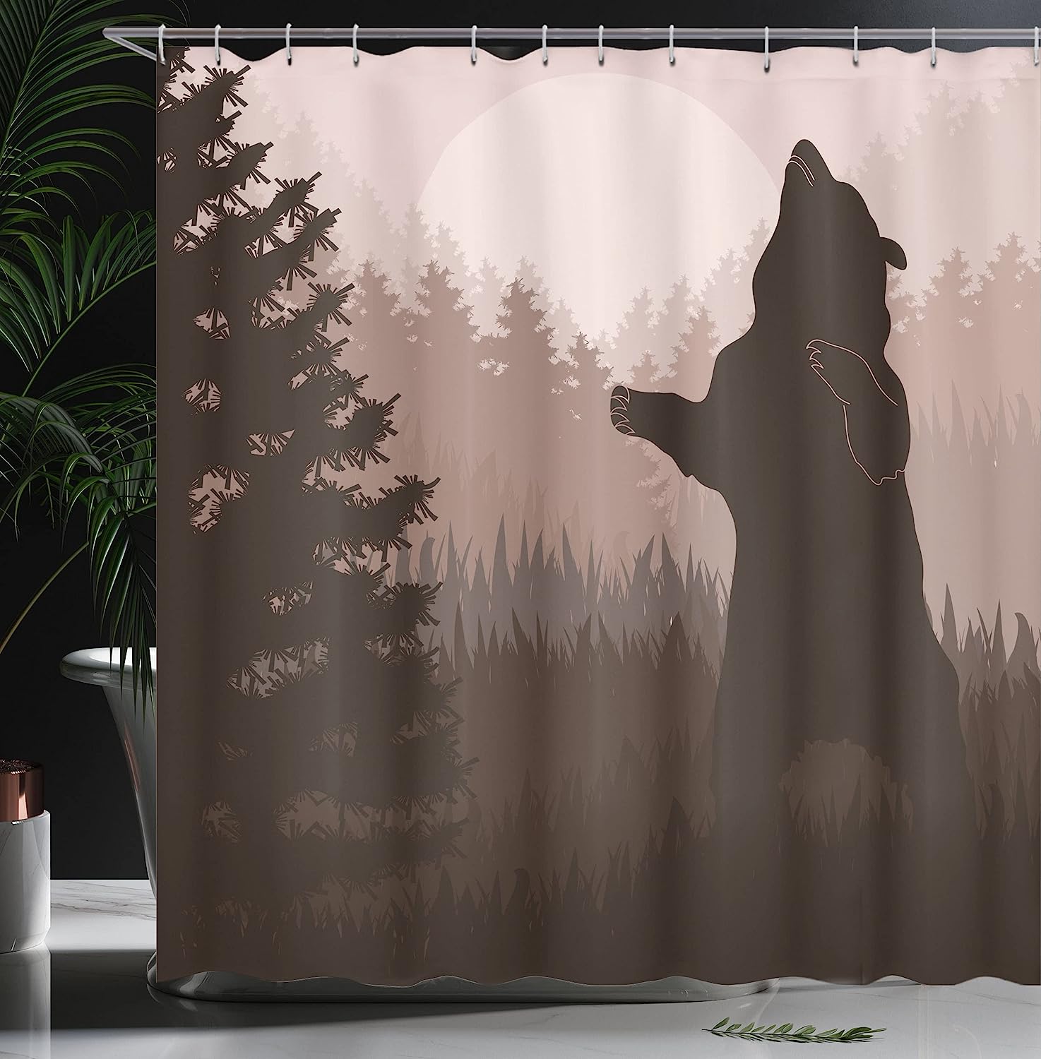 Army Green Pale Peach Jungle Woodland At Dark Night Illustration Nature Shower Curtain - Image 3