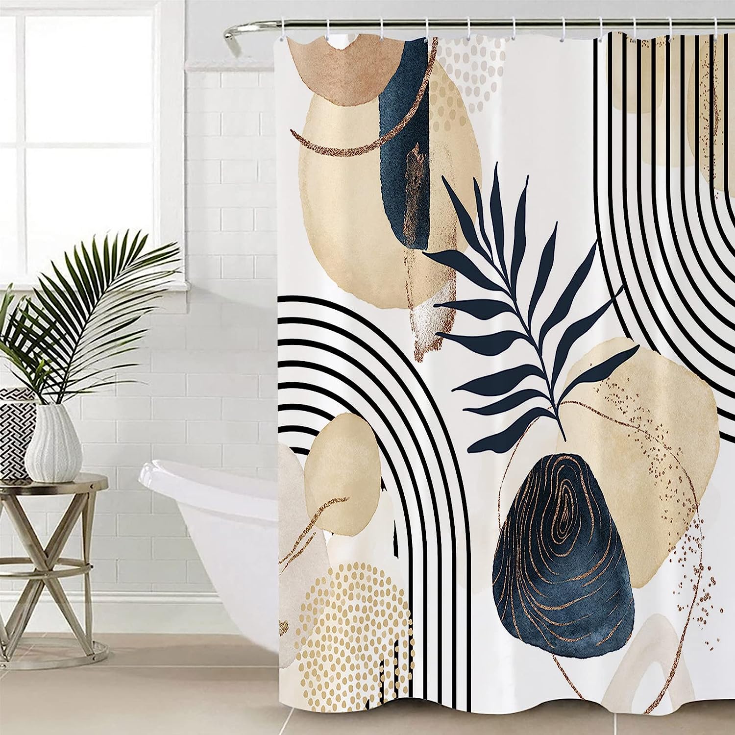 Art Abstract Tropical Palm Leaf Shower Curtain, Geometric Bathroom Decor