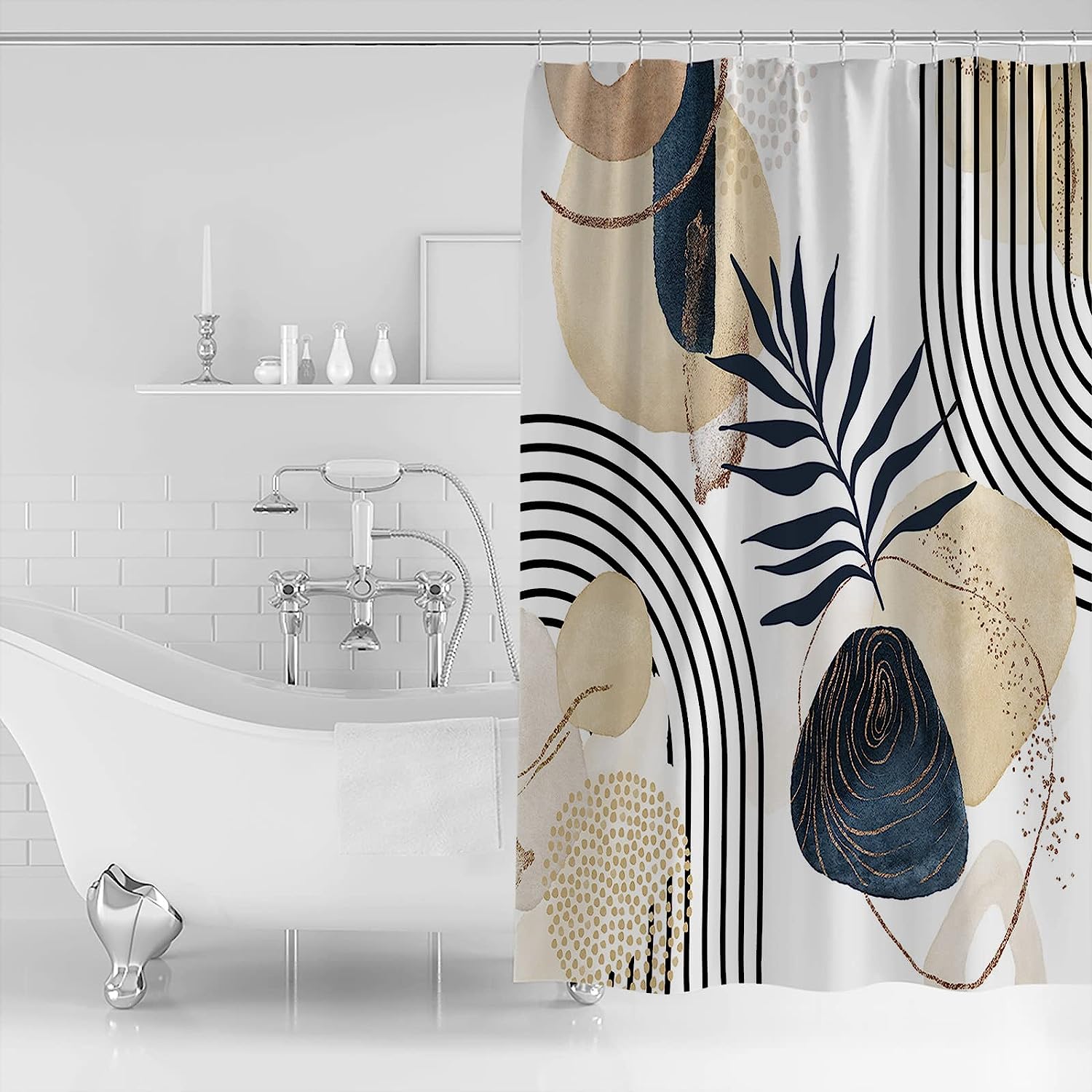Art Abstract Tropical Palm Leaf Shower Curtain, Geometric Bathroom Decor