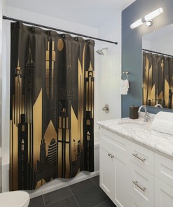 Art Deco City Skyline Shower Curtain - Black & Gold Geometric Tiled Design