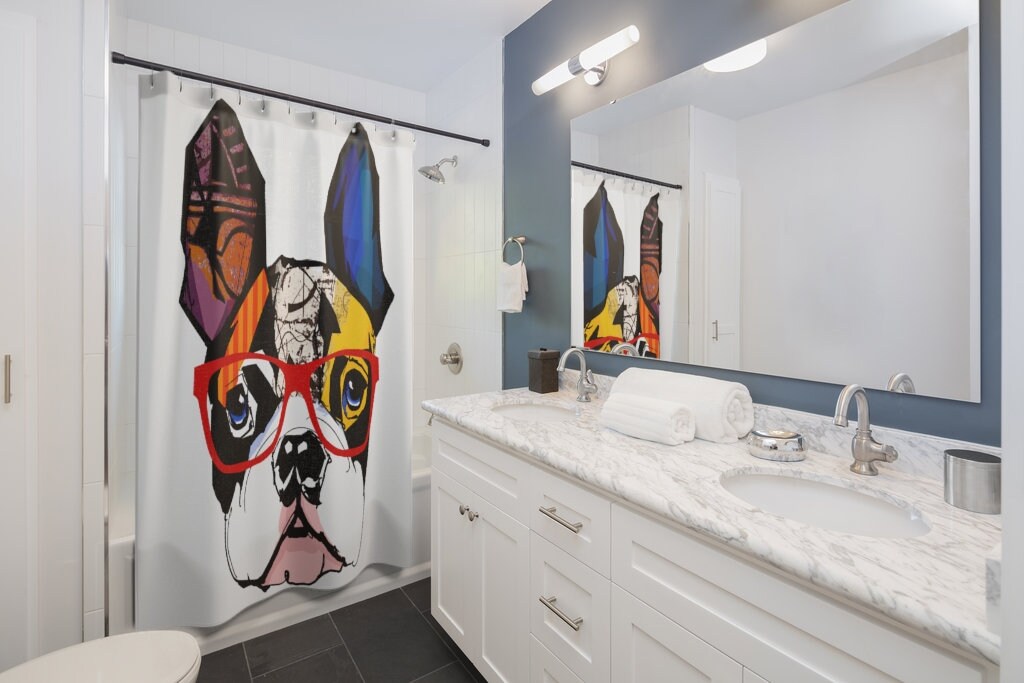 Art Deco Inspired Boston Terrier Print Shower Curtain For A Retro And Trendy Bathroom - Image 2