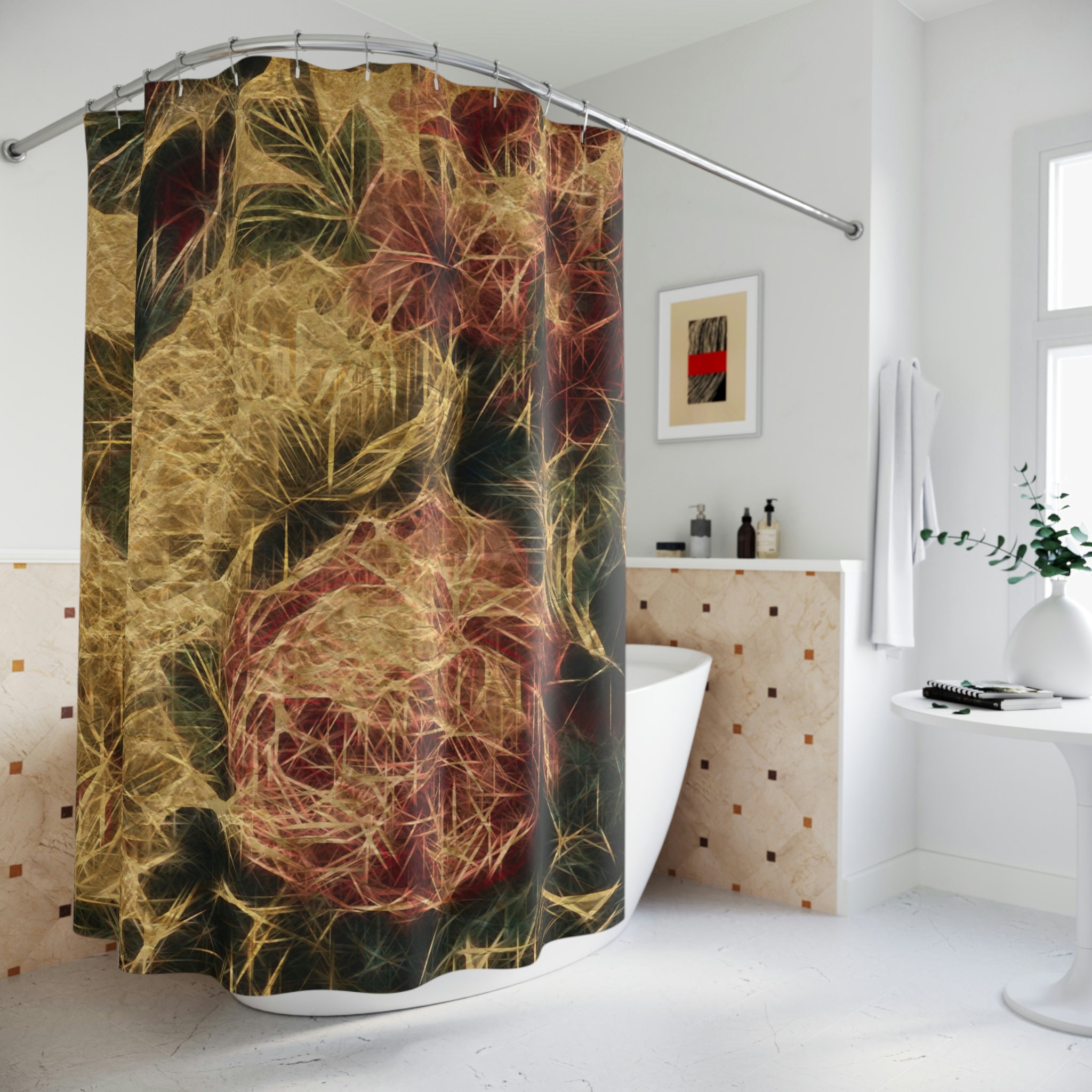 Art Deco Style Shower Curtain In Burgundy, Gold, And Green