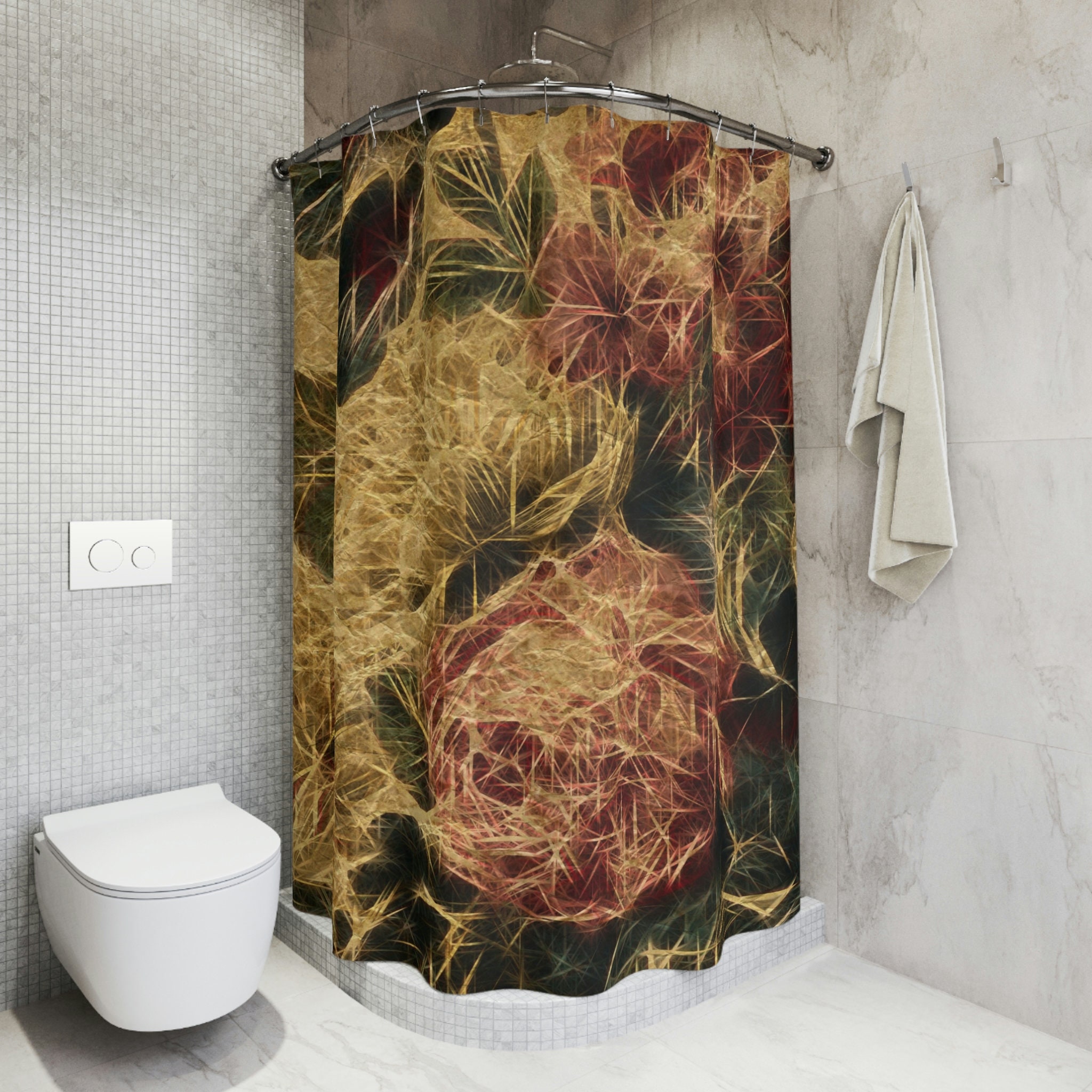 Art Deco Style Shower Curtain In Burgundy, Gold, And Green - Image 2
