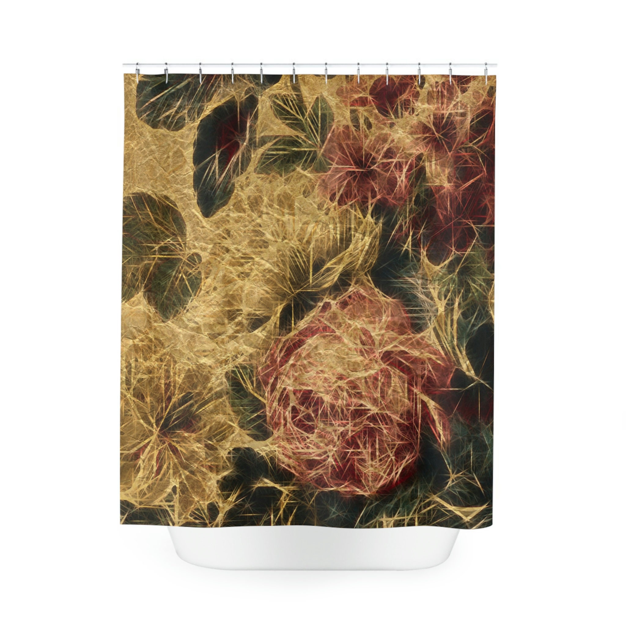 Art Deco Style Shower Curtain In Burgundy, Gold, And Green - Image 3