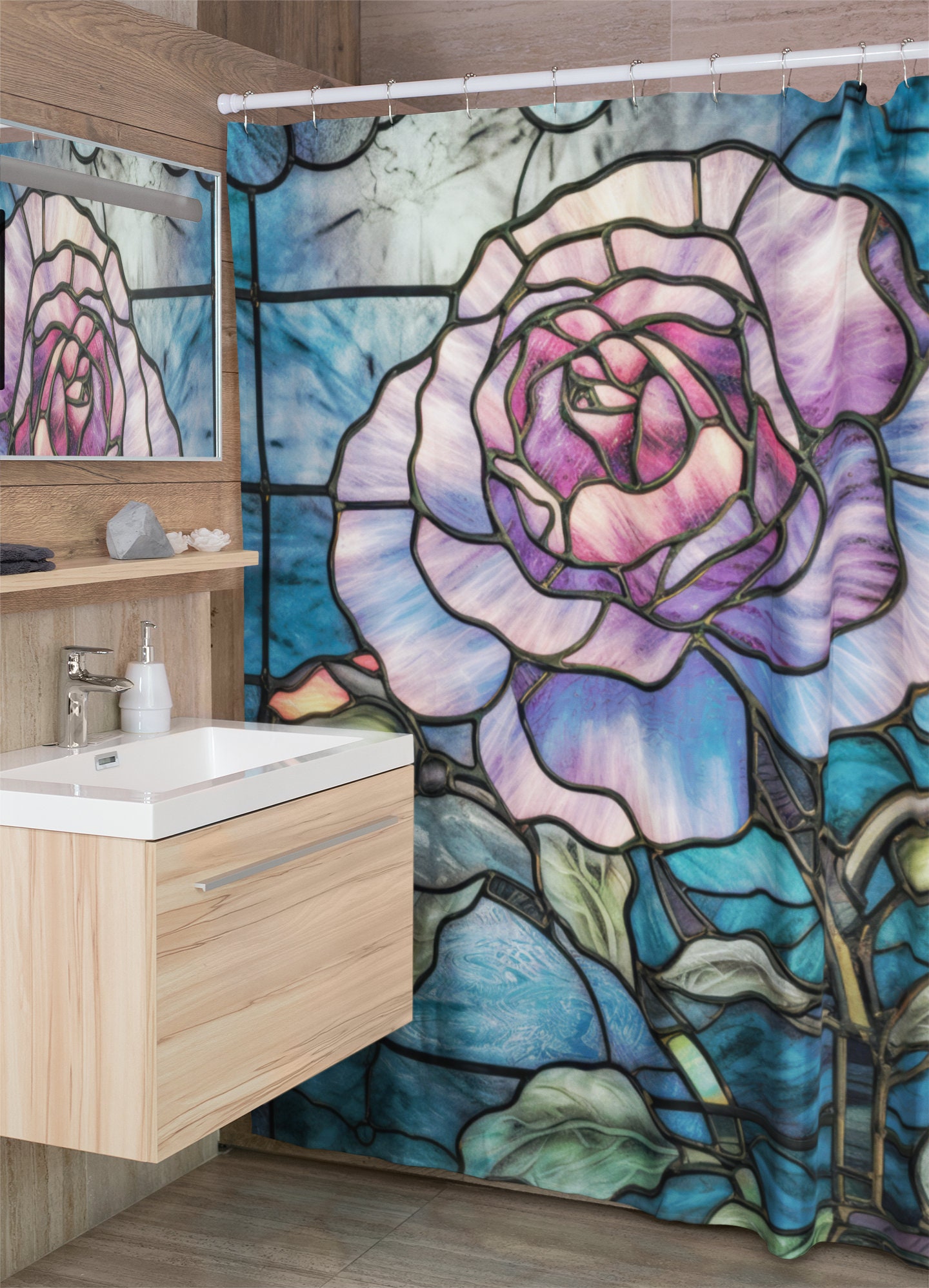 Art Deco Stylized Rose Shower Curtain - York State Flower Stained Glass Elegance
