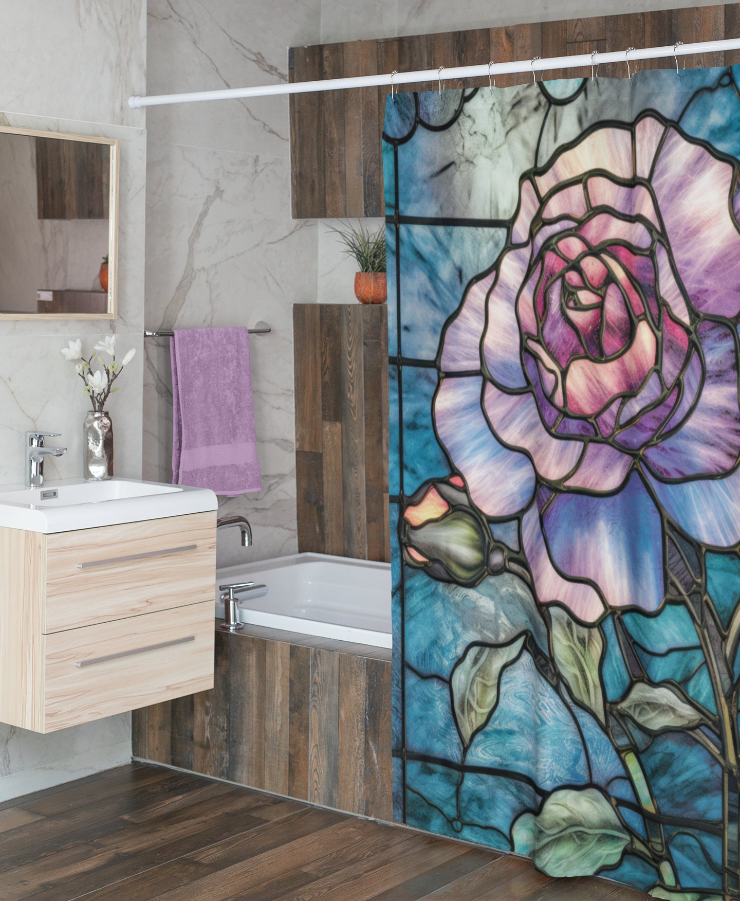 Art Deco Stylized Rose Shower Curtain - York State Flower Stained Glass Elegance