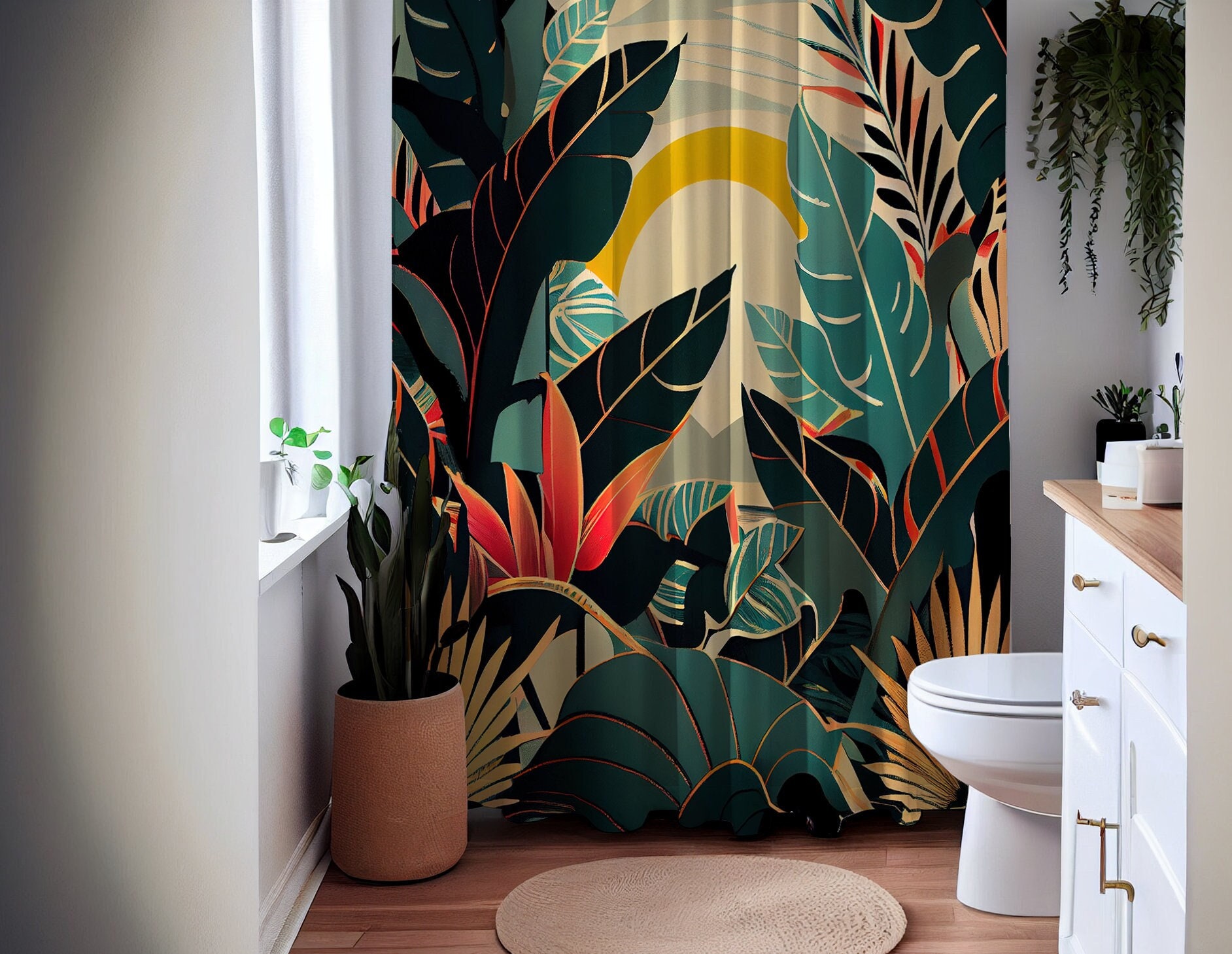 Art Deco Tropical Print Shower Curtain For A Chic Bathroom Housewarming Gift - Image 2