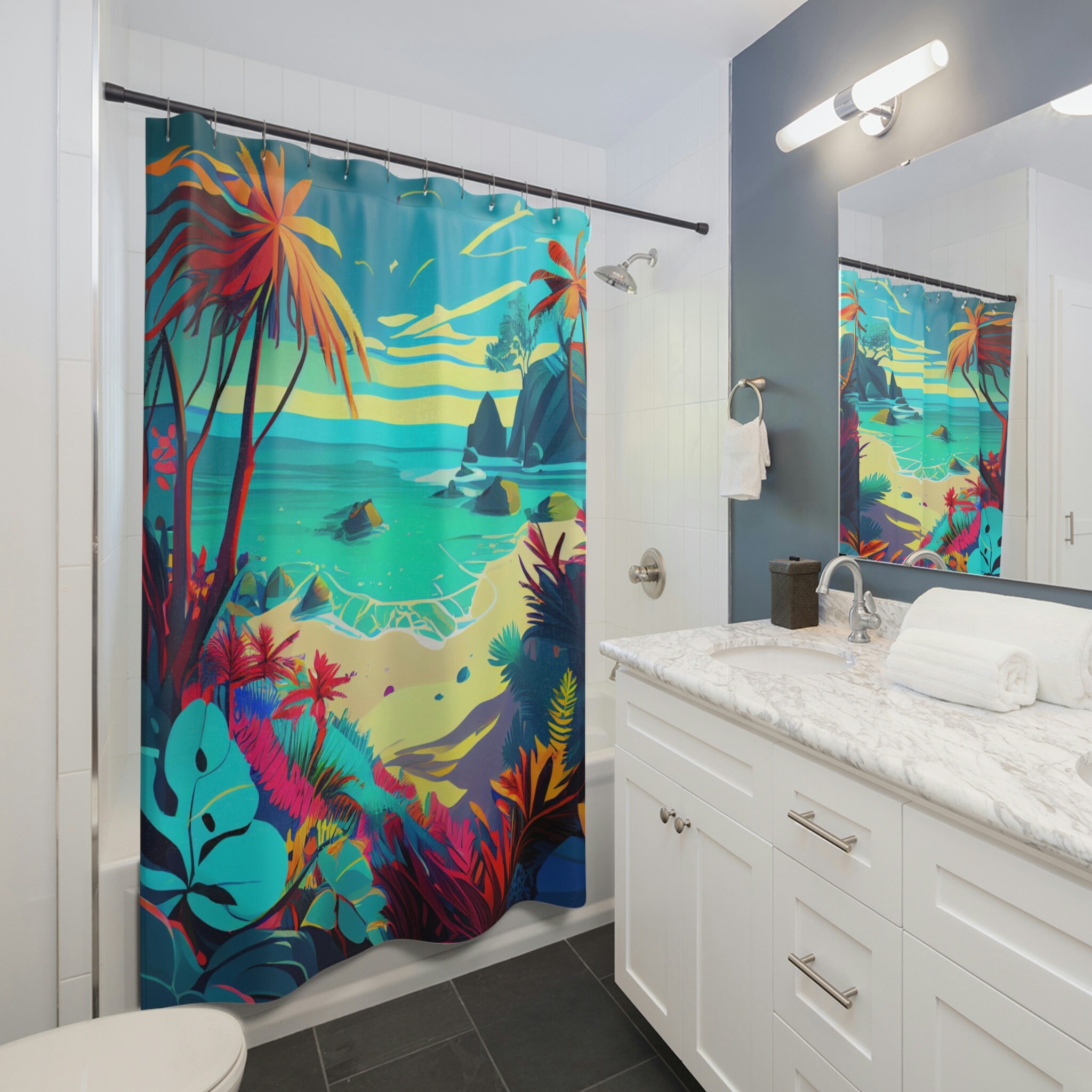 Art Nouveau Beach Scene Shower Curtain for a Luxurious and Elegant Bathroom Decor
