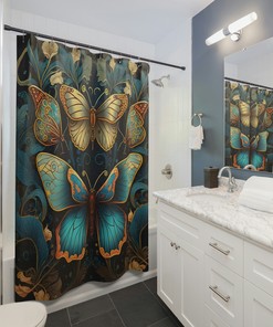 Art Nouveau Butterfly Dark Floral Boho Shower Curtain For Moody Bathroom Decor