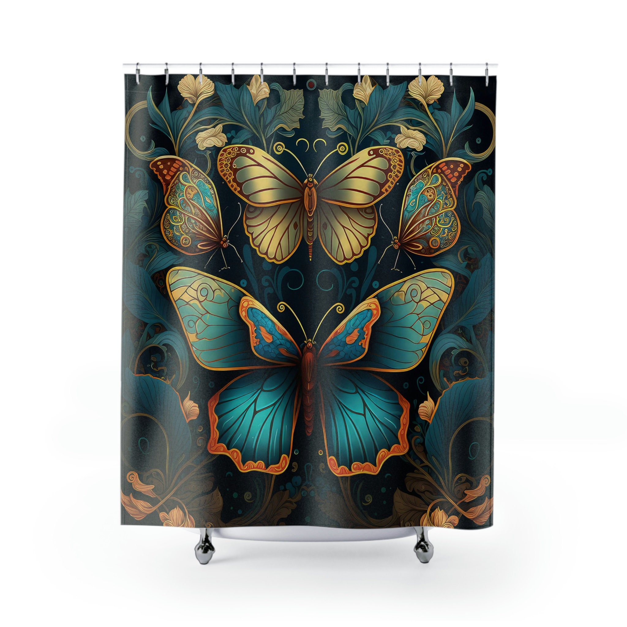Art Nouveau Butterfly Dark Floral Boho Shower Curtain For Moody Bathroom Decor - Image 2