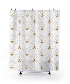 Art Nouveau Fan Pattern Shower Curtain, Modern Geometric Print In White & Gold, Vintage Bathroom Accessory