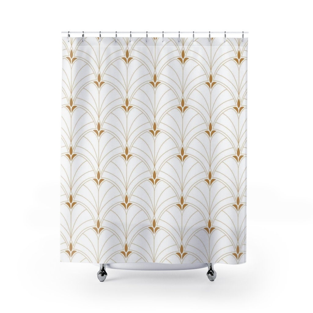 Art Nouveau Fan Pattern Shower Curtain, Modern Geometric Print In White & Gold, Vintage Bathroom Accessory