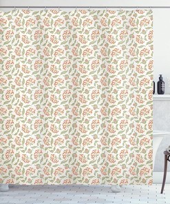 Art Nouveau Floral Shower Curtain, Cloth Fabric Bathroom Decor in Coral and Green with Blooms and Leaves