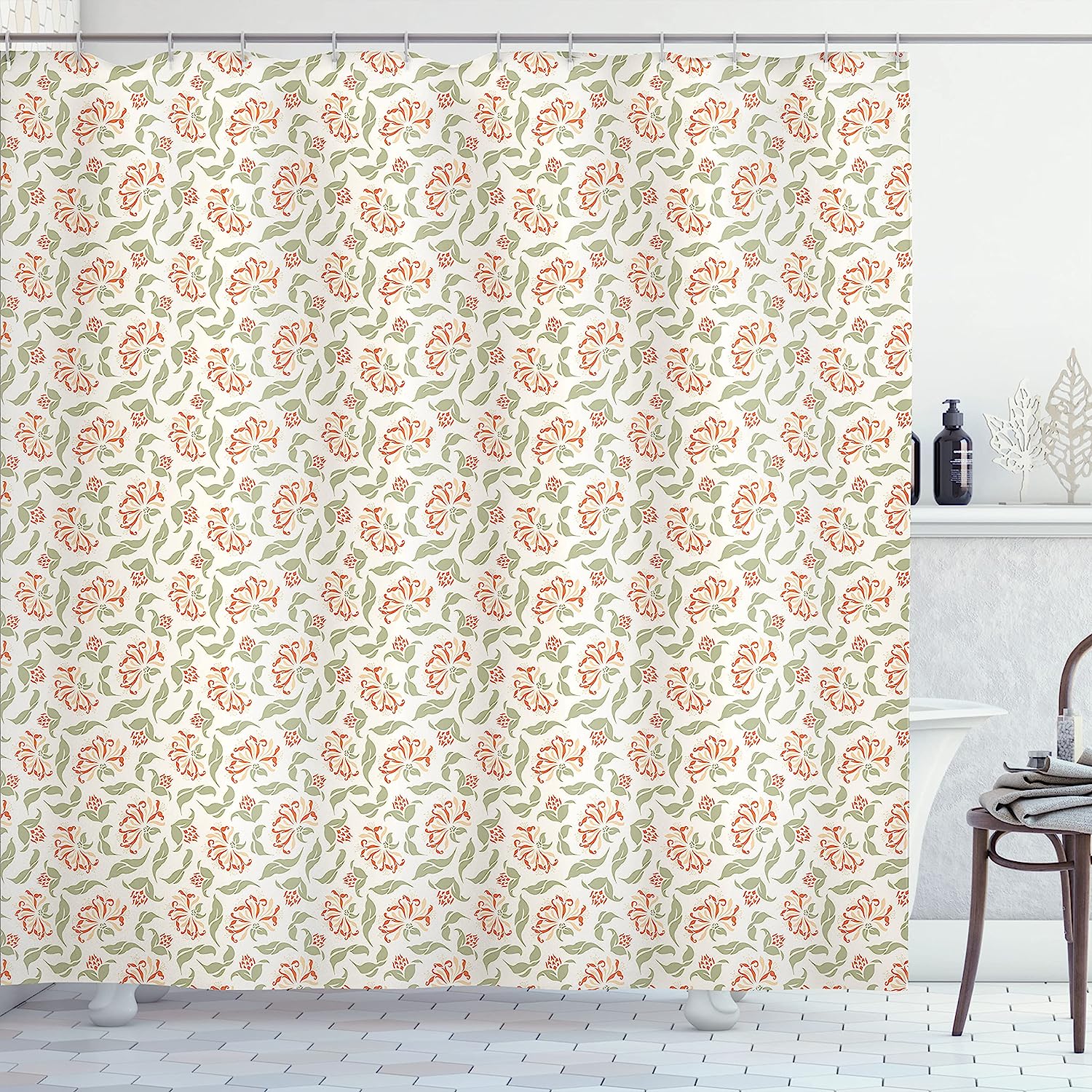 Art Nouveau Floral Shower Curtain, Cloth Fabric Bathroom Decor in Coral and Green with Blooms and Leaves